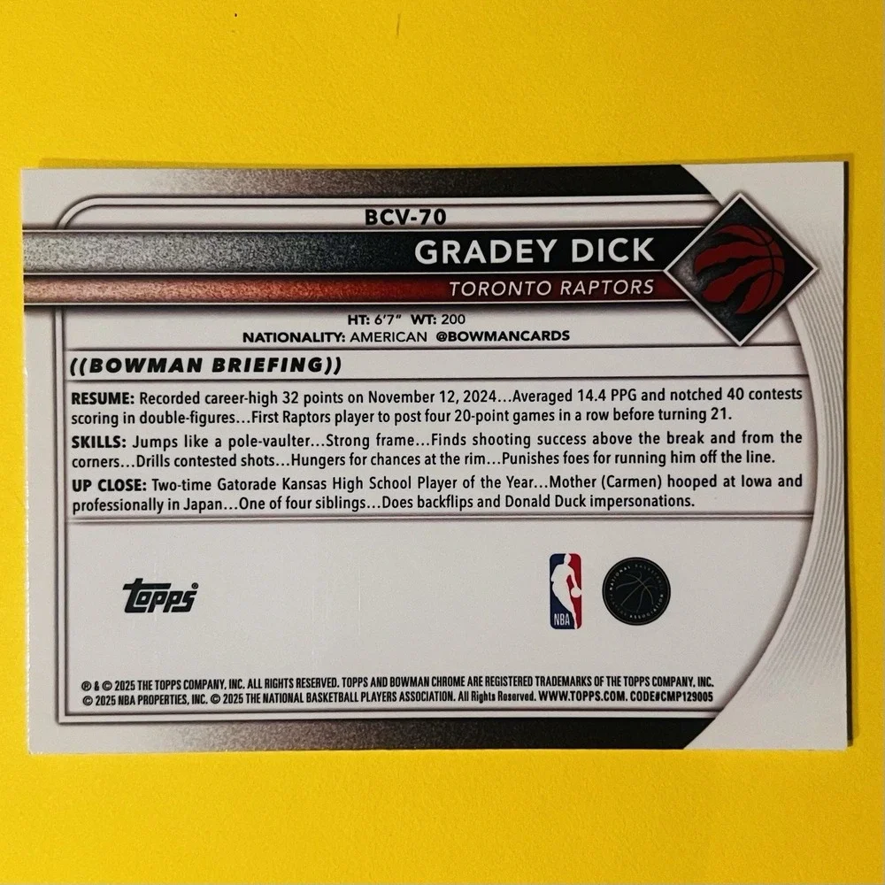 2025/26 Bowman Chrome Basketball‎ Gradey Dick Veteran Card BCV-70 Raptors